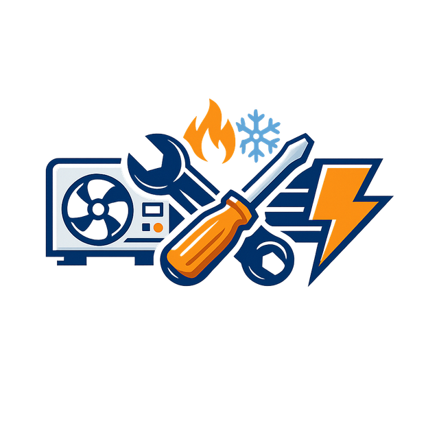 Blue appliance repair icon with tools, flame, snowflake, and lightning bolt