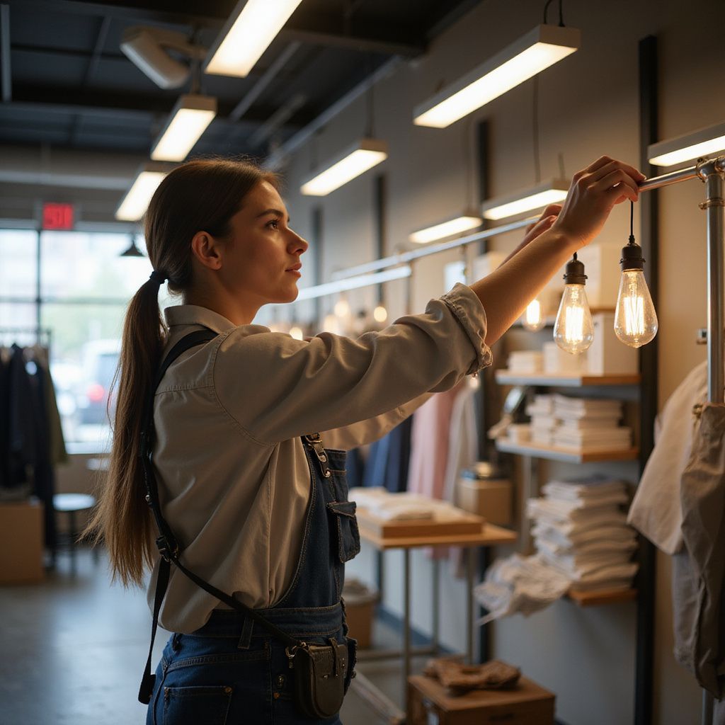 Shop worker hanging clothes on a rack in a boutique store.