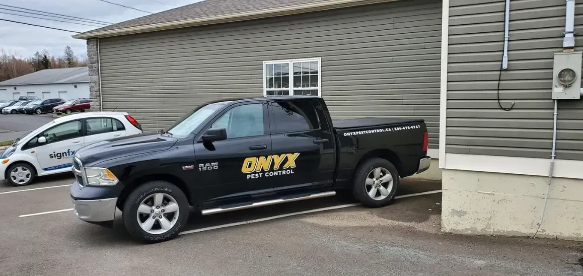 a black truck with the word onyx on the side is parked in front of a building .