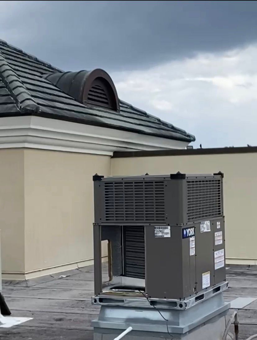 Outdoor HVAC unit on a rooftop beside a beige building under cloudy skies.