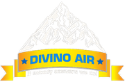 Blue and yellow Divino Air logo with mountain graphic and ribbon banner