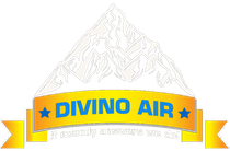 Blue and yellow Divino Air logo with mountain graphic and ribbon banner