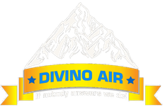 Blue and yellow Divino Air logo with mountain graphic and ribbon banner