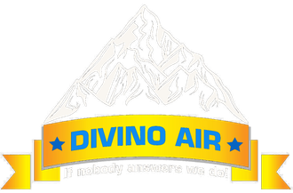 Blue and yellow Divino Air logo with mountain graphic and ribbon banner