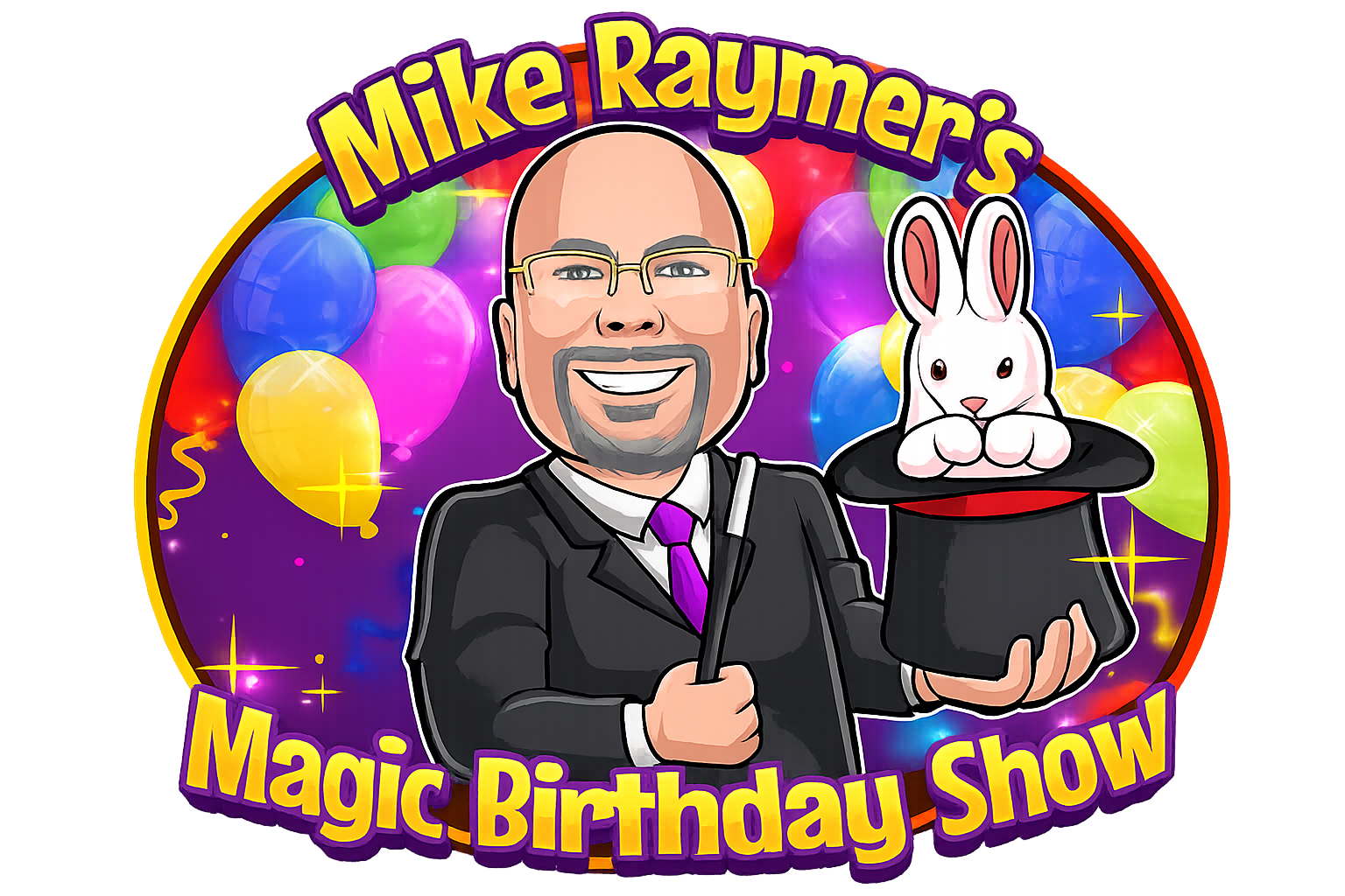 Mike Raymer Magician logo yellow letters on a blue background