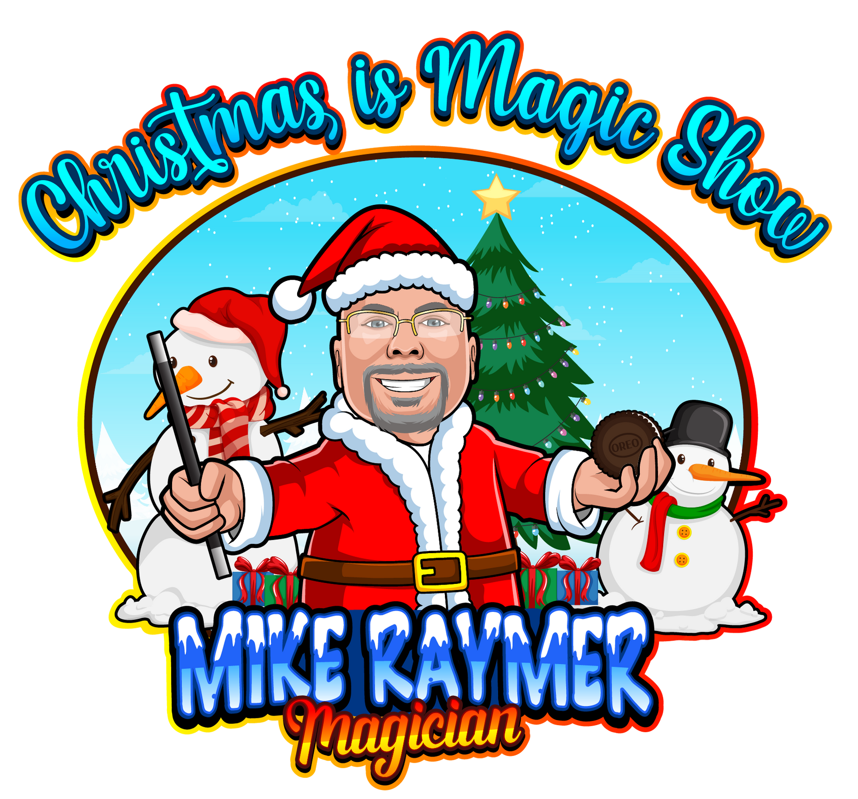 Logo: Man in Santa suit with snowmen and Christmas tree, text