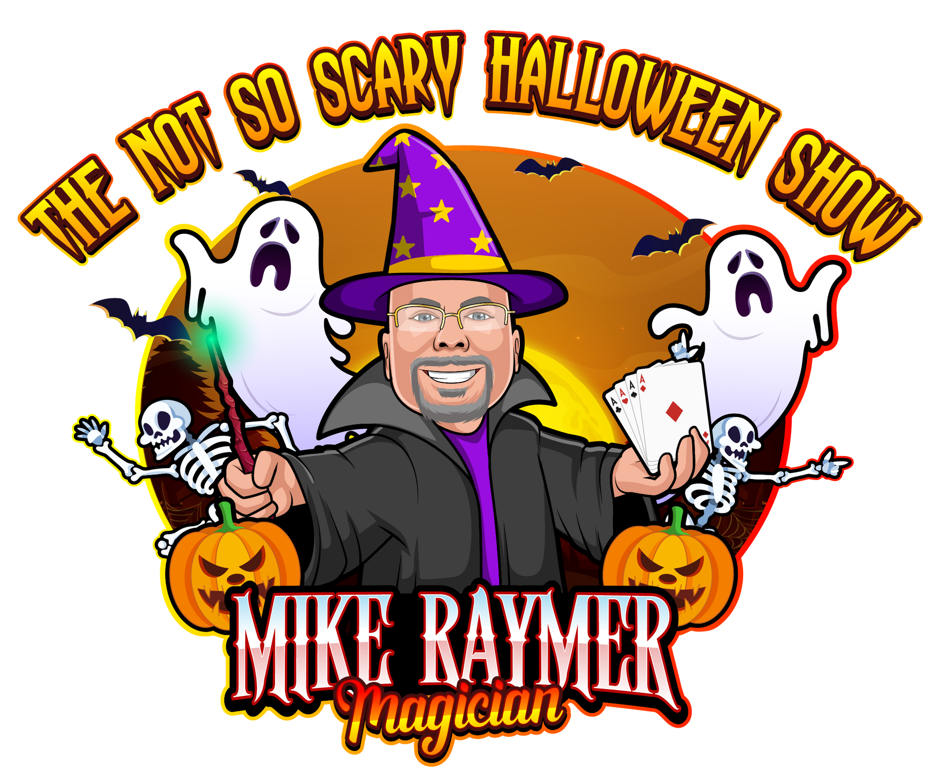 A colorful picture of ghosts, pumpkins and a magician for a Halloween show