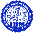 Blue International Brotherhood of Magicians seal. Globe with a magician, handshake, and leaf. 