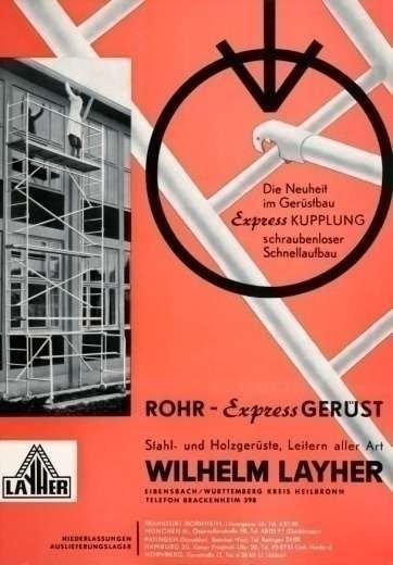Anúncio vintage em vermelho e preto da ROHR-Express Gerüst com foto de andaimes e logotipo circular.