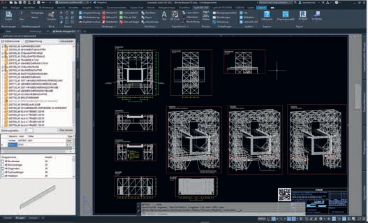 Área de trabalho do AutoCAD exibindo vários desenhos técnicos em uma tela preta com painéis de ferramentas ao redor.