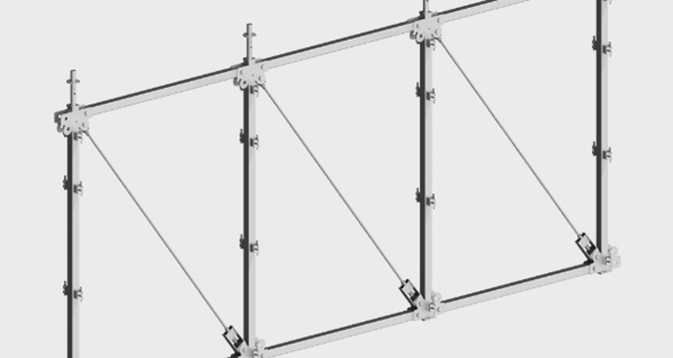 Guarda-corpo metálico de segurança com postes verticais e travessas diagonais sobre fundo claro.