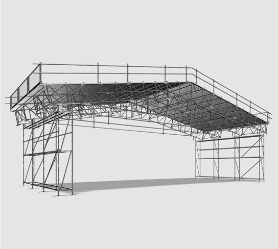 Modelo 3D em tons de cinza, representando a estrutura de um telhado inclinado apoiado em colunas de sustentação.