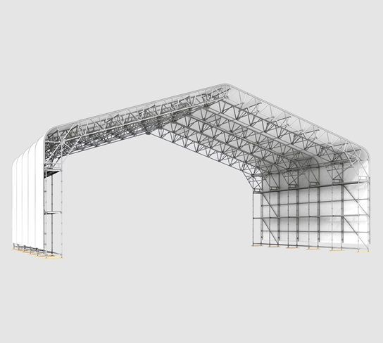 Estrutura de treliça de aço arqueada em 3D transparente sobre fundo branco.