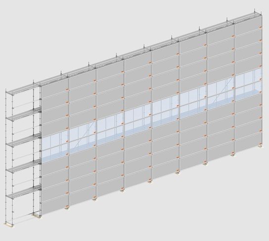 Renderização 3D de um andaime de parede modular com painéis cinza e uma faixa horizontal azul-clara.