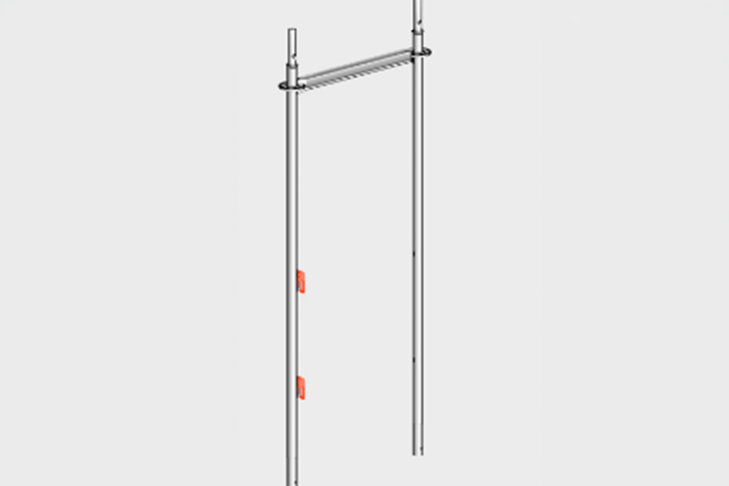 Uma estrutura metálica com dois postes verticais e uma barra horizontal, com presilhas laranja no poste da esquerda.