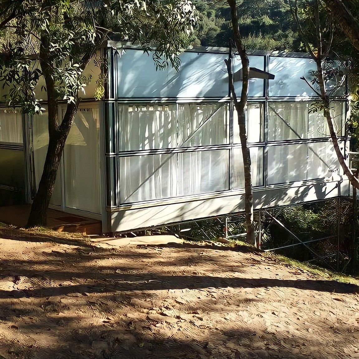 Pequeno galpão de metal com paredes e telhado de zinco atrás de árvores em um terreno de terra batida.