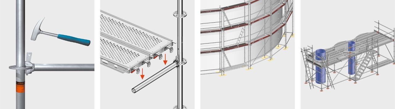 Quatro diagramas técnicos mostrando um mastro de torre, uma antena montada no telhado e detalhes de roteamento de cabos.