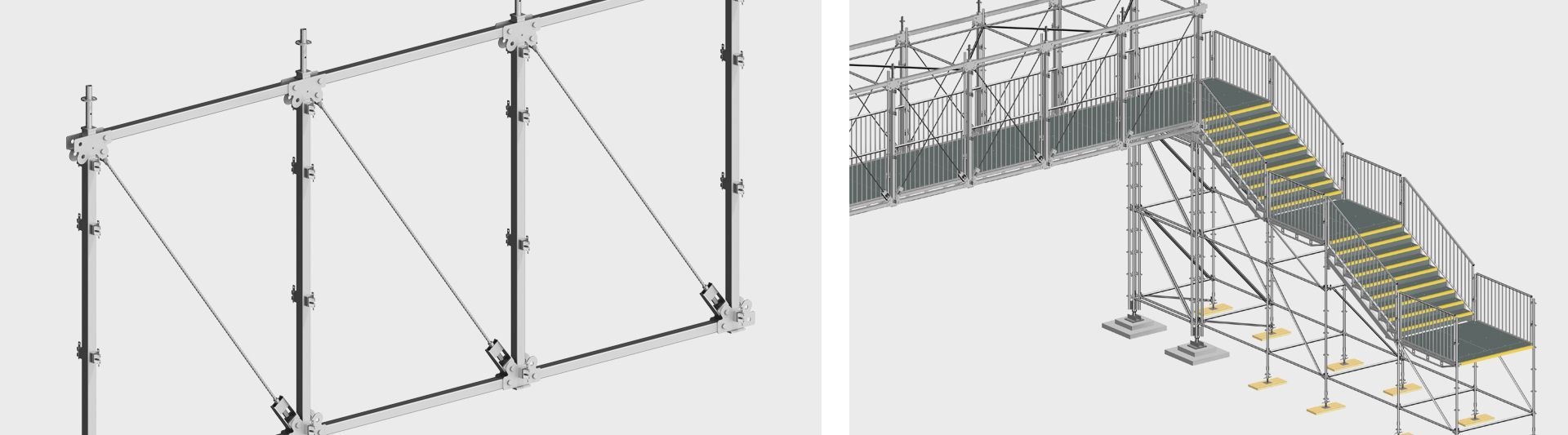 Modelo CAD 3D de uma escada externa com corrimãos e suportes estruturais.