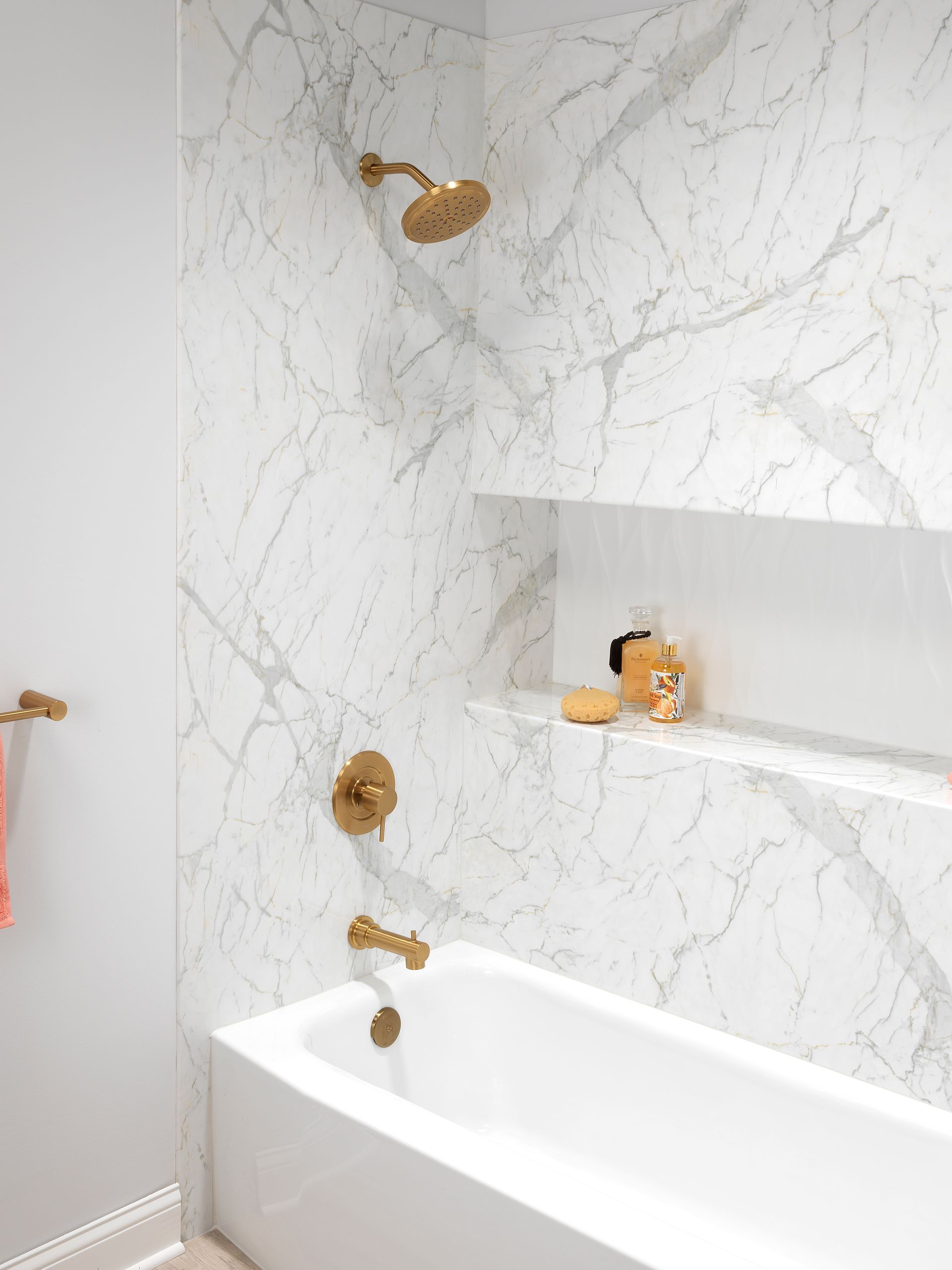 Modern bathroom with shower, tub, wicker vanity, and large round mirror
