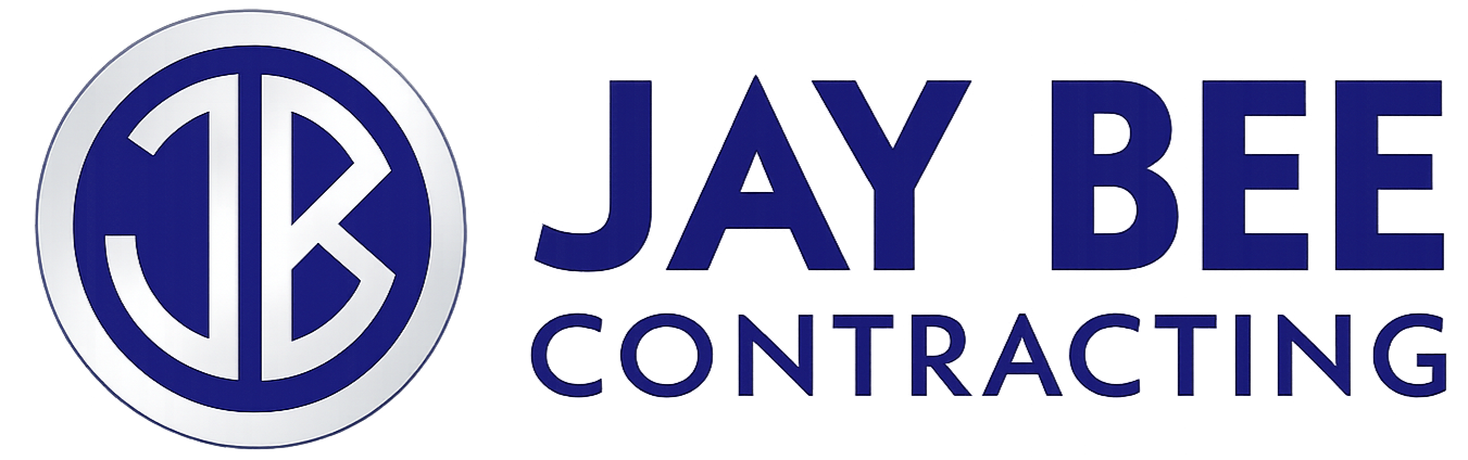 Jay Bee Contracting logo with blue circular “JB” icon and navy text on white background