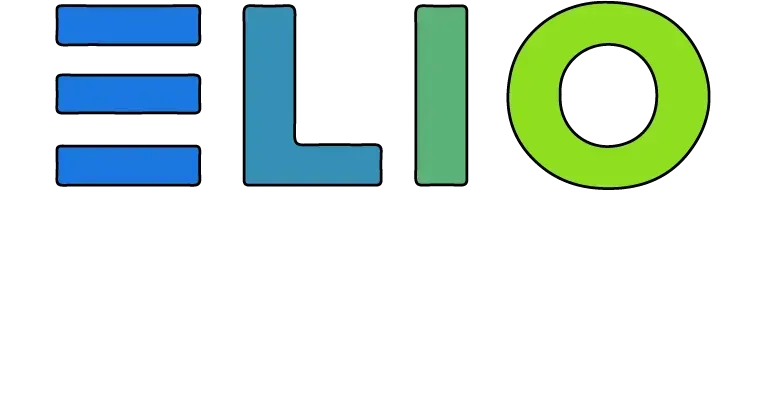 Stylized “ELIO” text logo in blue, teal, and green on a white background