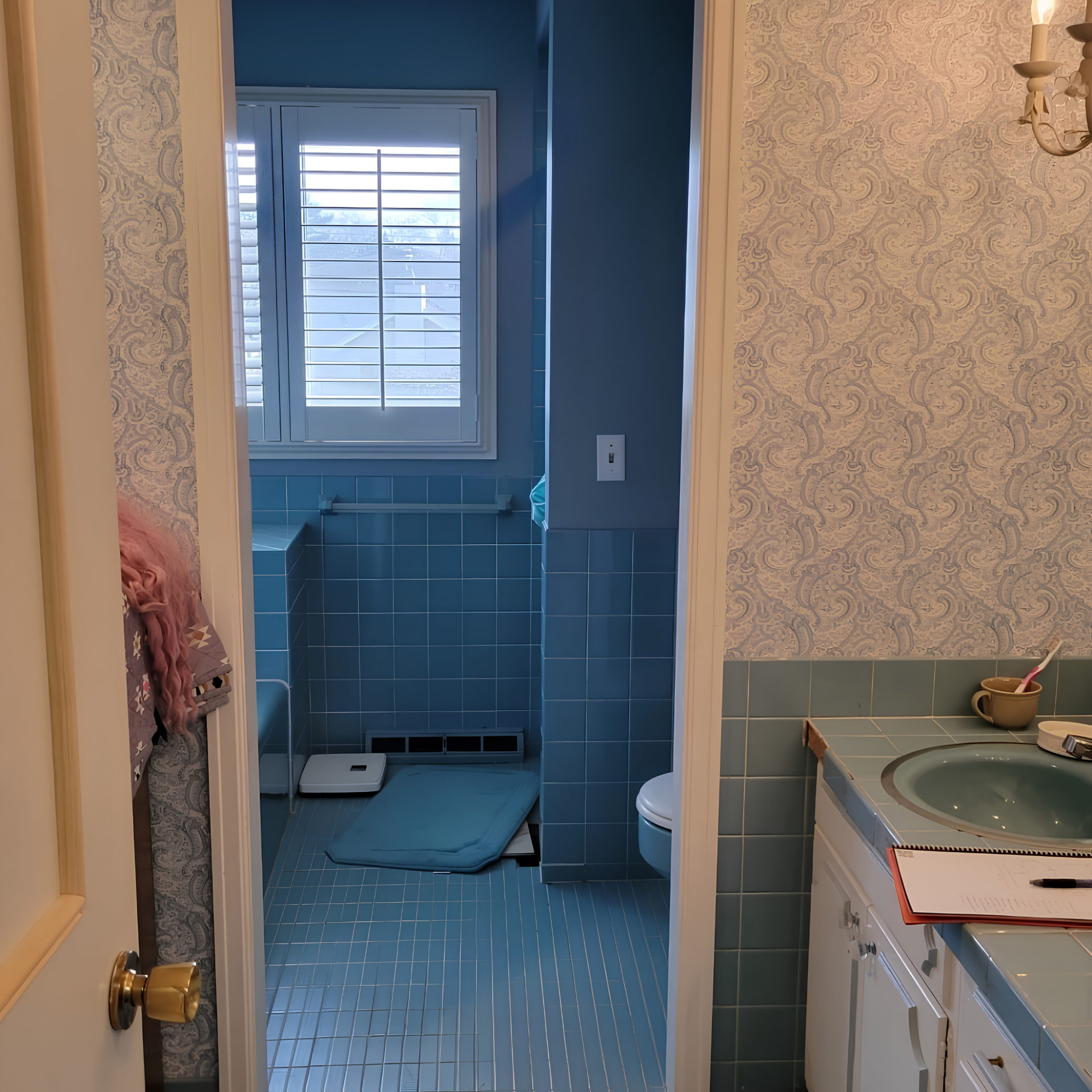 Modern bathroom with glass shower, white vanity, mirror, and beige rug on a light wood floor