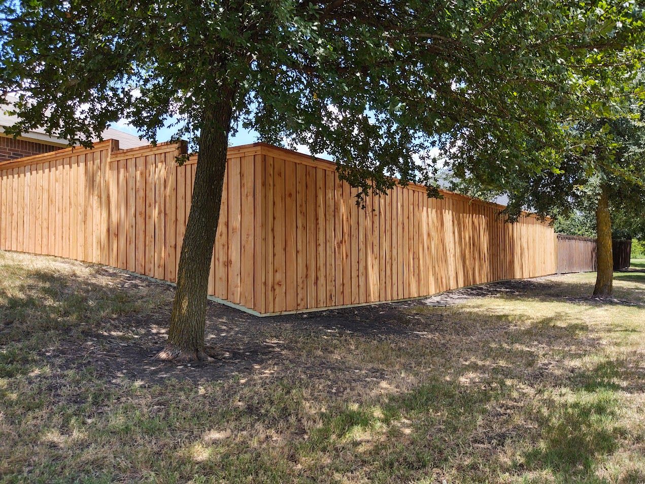 Wooden privacy fence around a yard with trees casting shade