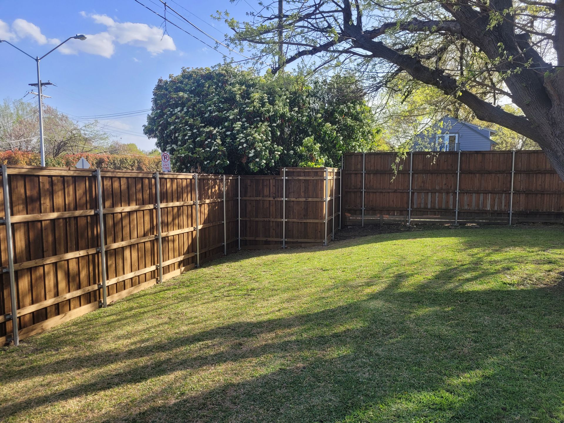 Backyard with green grass, wooden fence, and a tree under a blue sky with clouds
