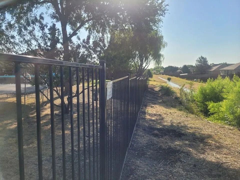 Black metal fence along a sunny dirt path beside trees and shrubs