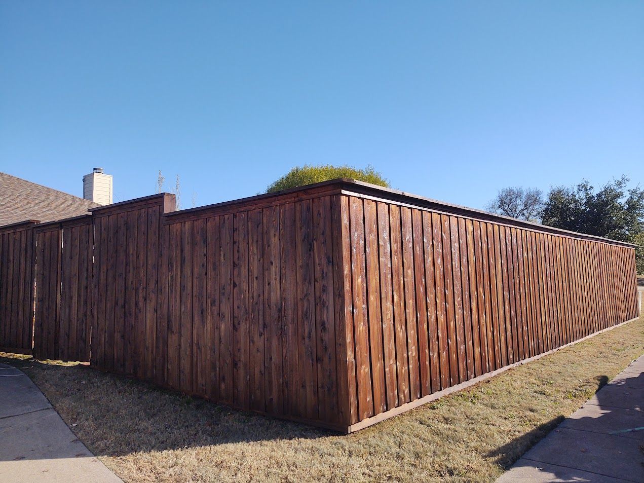 Wooden privacy fence enclosing a yard under a clear blue sky