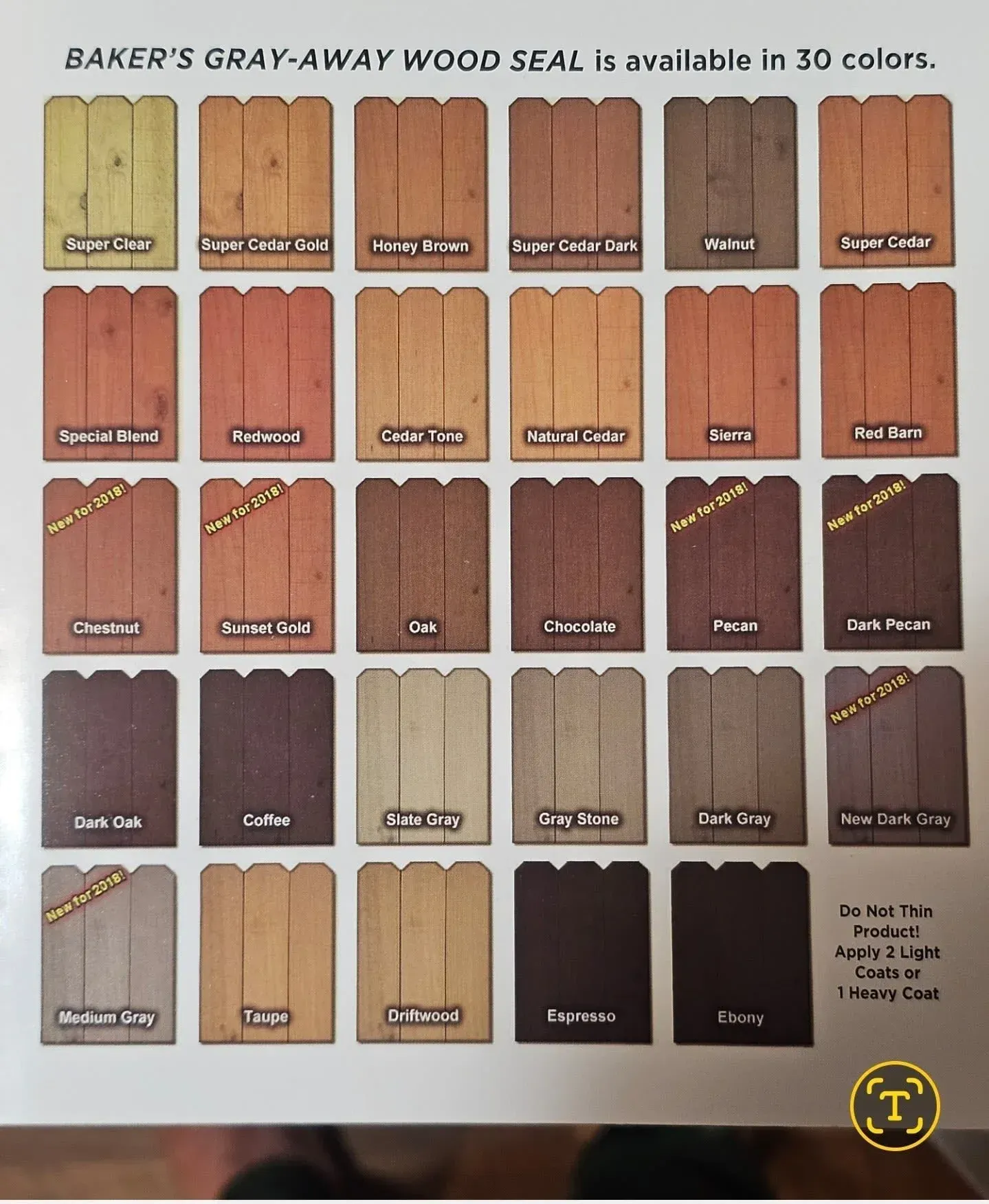 Color chart for Baker’s Gray-A-Way wood seal in 30 shades, arranged in rows on a beige sheet.