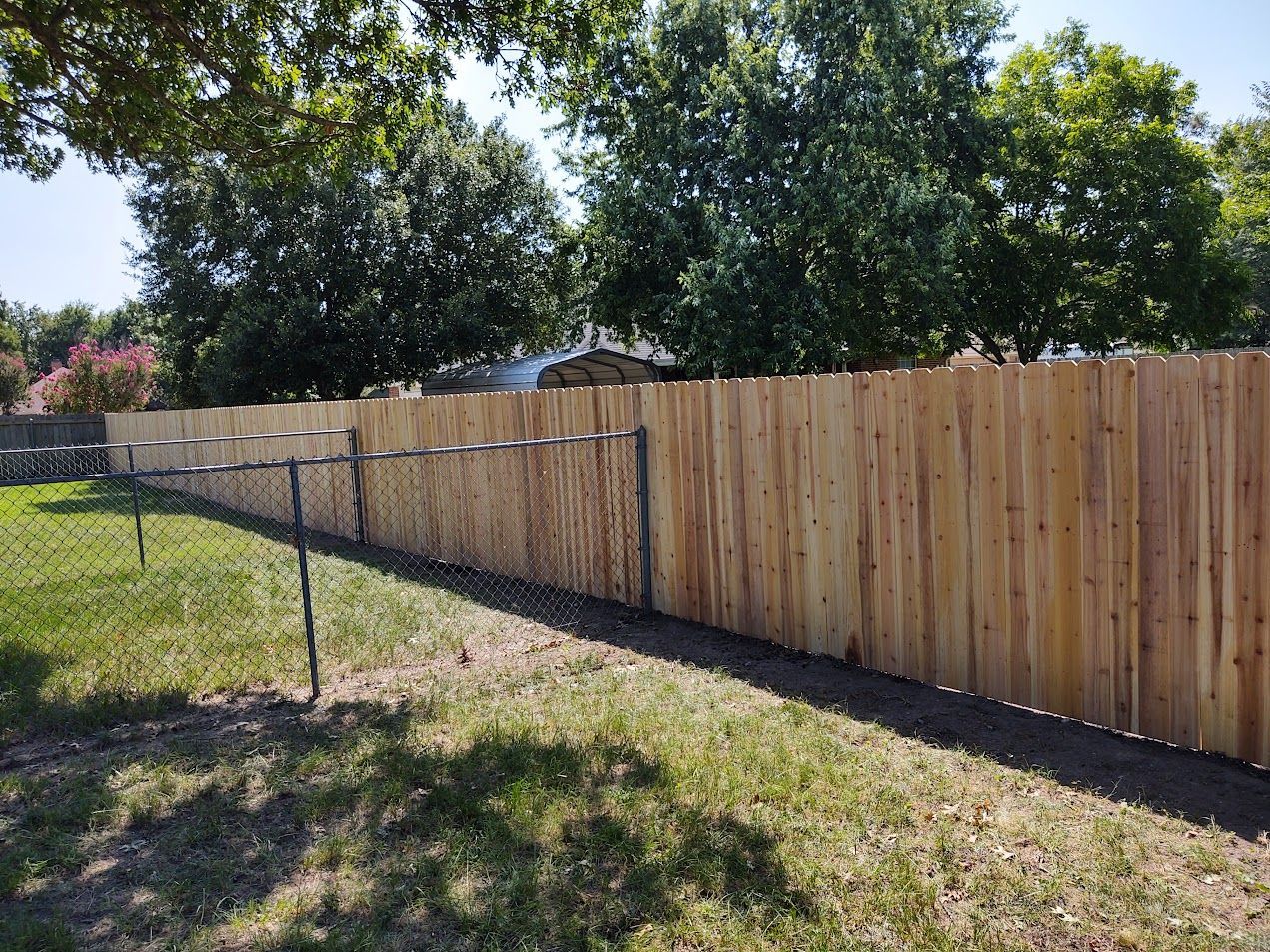New wooden fence along a grassy yard with trees and blue sky behind it