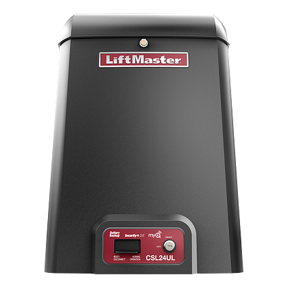 LiftMaster garage door opener unit with dark gray body and red control panel