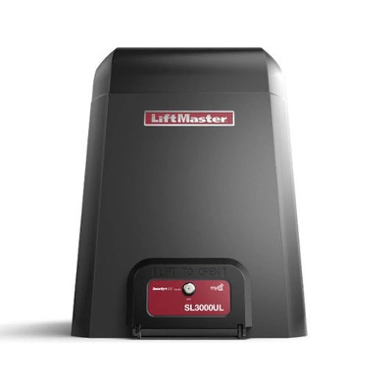 LiftMaster garage door opener unit in black with red label, front view