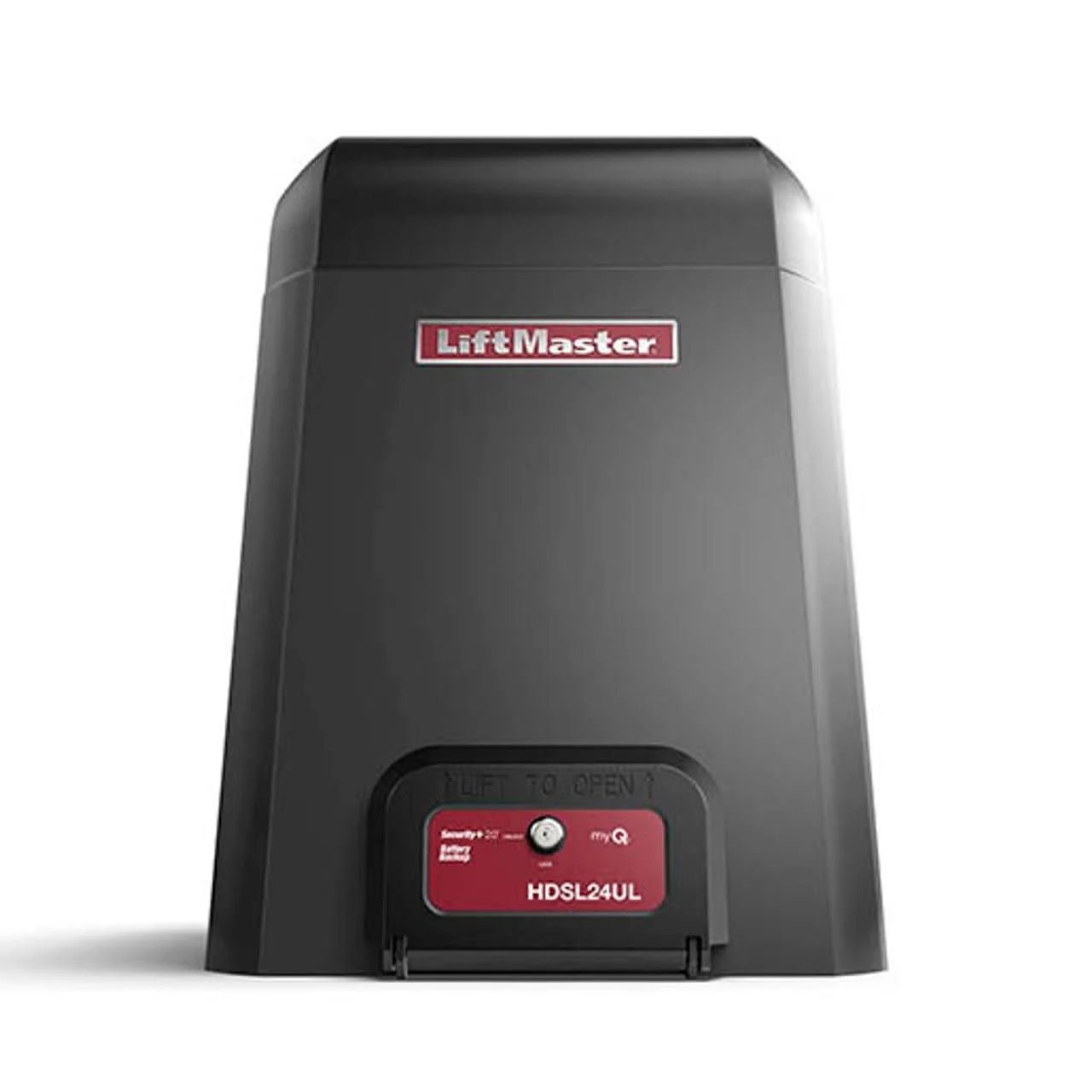 LiftMaster garage door opener with red control panel on a white background