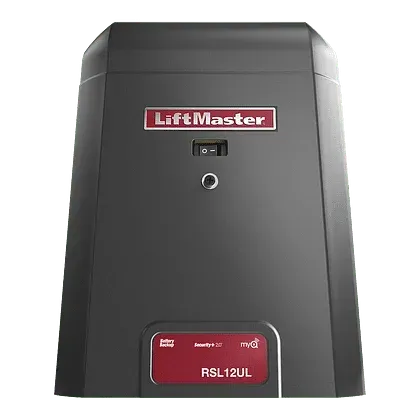 LiftMaster garage door opener, dark gray with red logo and model label RL120UL