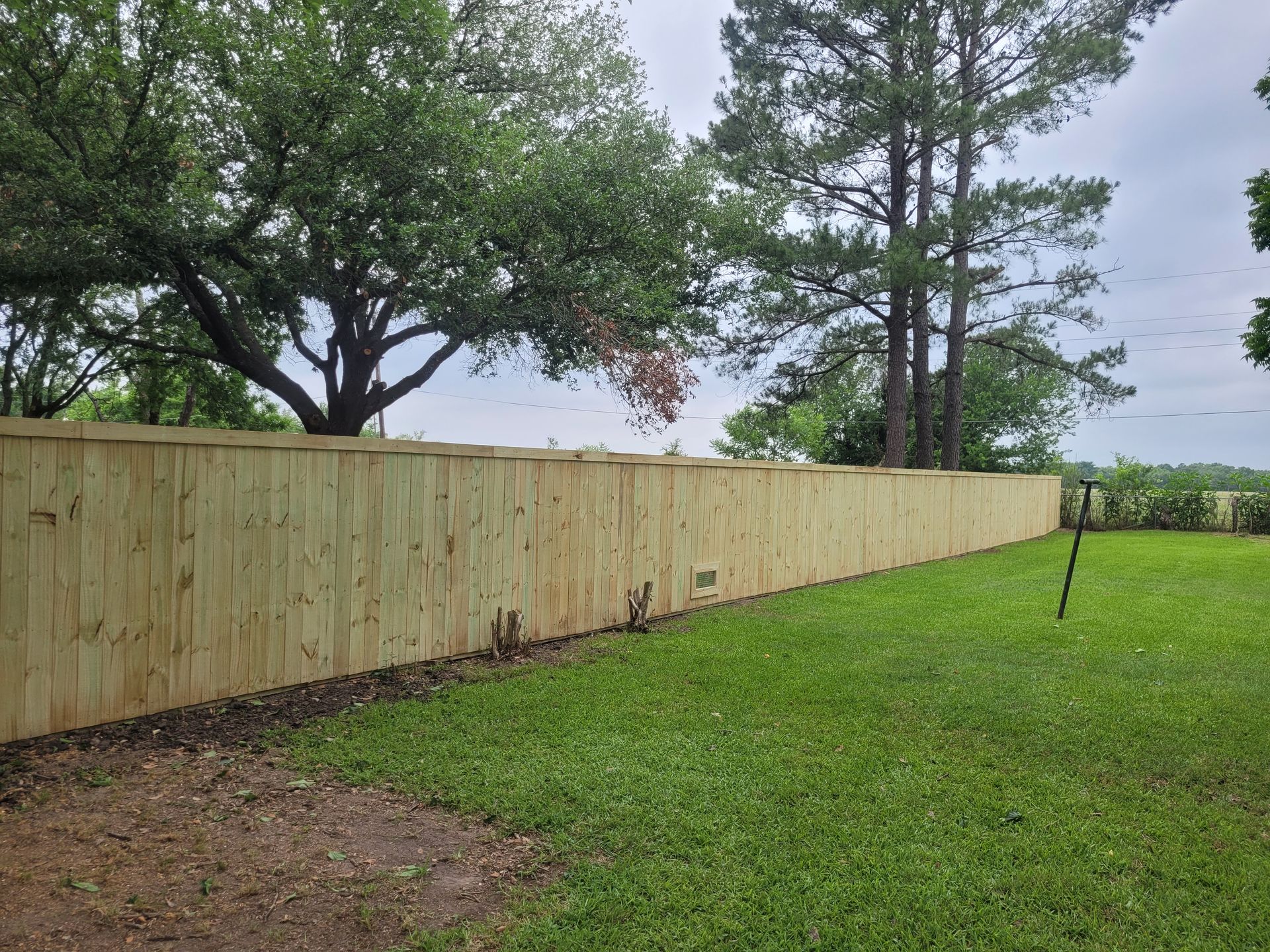 Backyard with a long wooden fence, green lawn, and trees under a cloudy sky