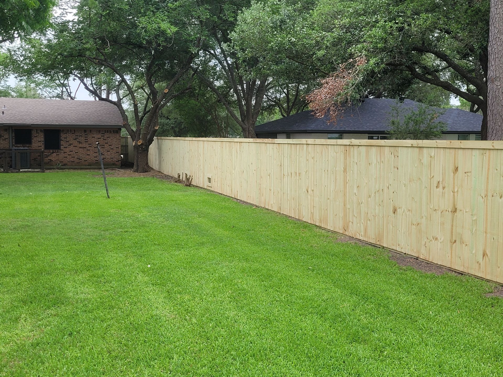 Backyard with fresh green lawn, long wooden fence, and trees beside a small brick house
