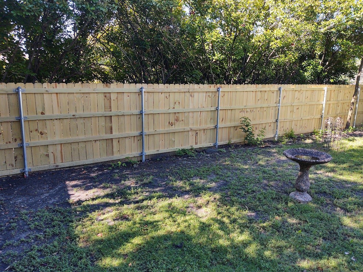 Backyard with a wooden fence, trees behind it, patchy grass, and a birdbath on the right.