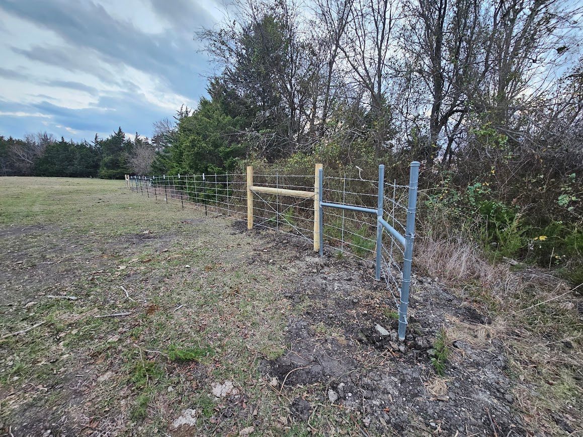 Rural field edge with a wooden fence and blue posts beside leafless trees under a cloudy sky