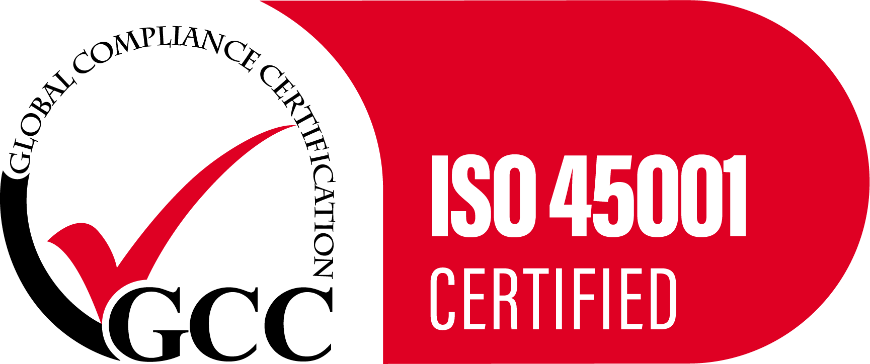 A red and white logo that says iso 45001 certified A red and white logo that says iso 45001 certified
