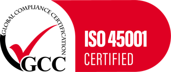 A red and white logo that says iso 45001 certified A red and white logo that says iso 45001 certified