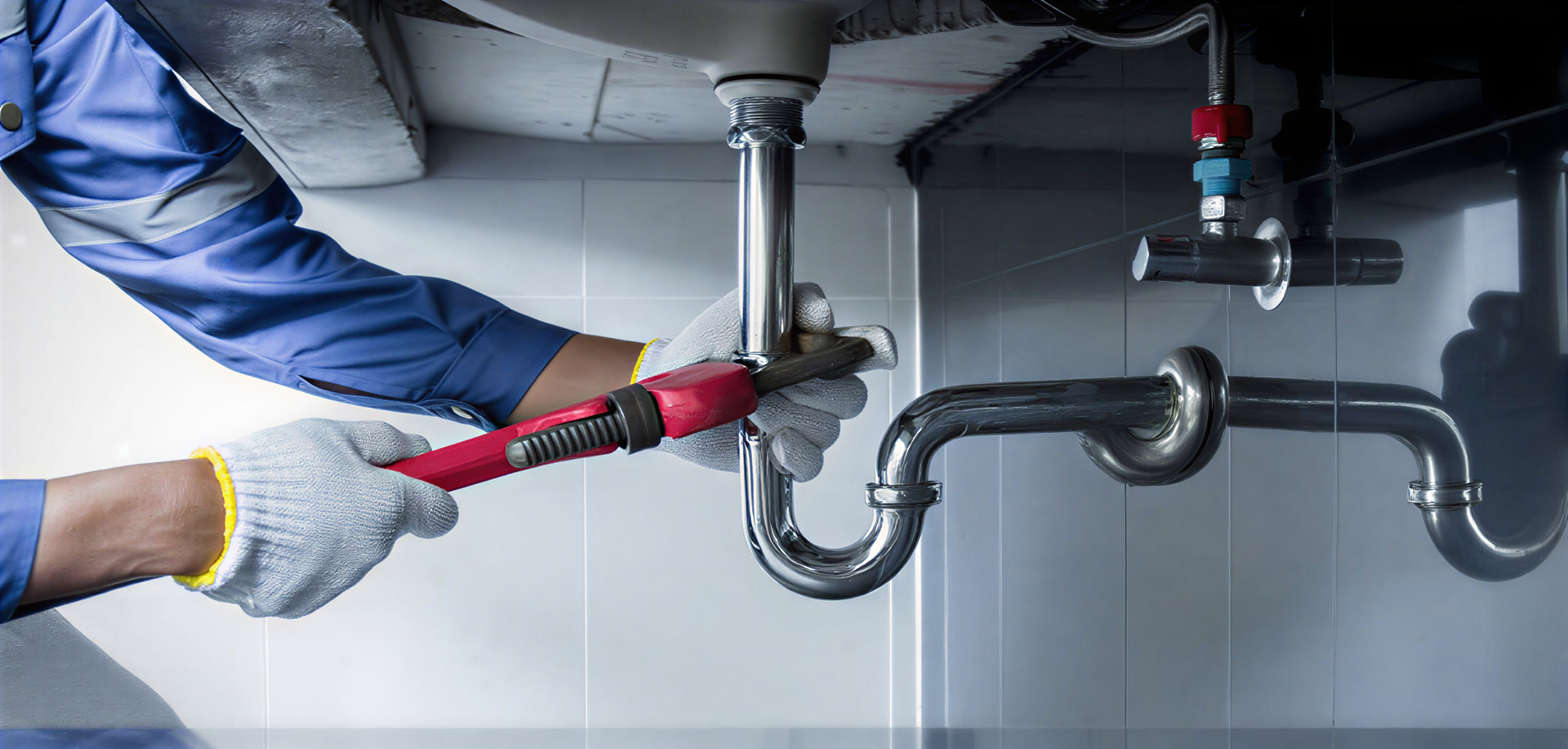 Plumber in blue uniform uses a wrench to work on pipes under a sink.