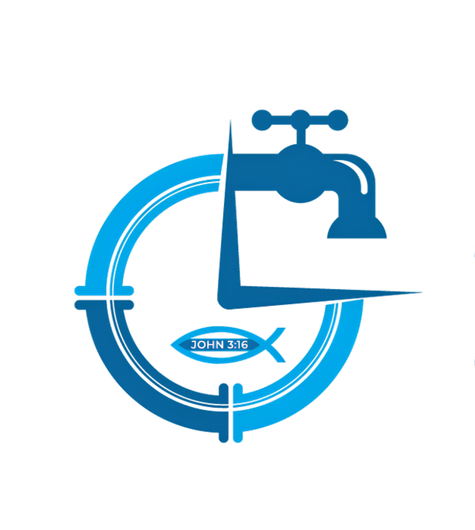 Blue plumbing logo featuring a faucet, a pipe, and a fish symbol.