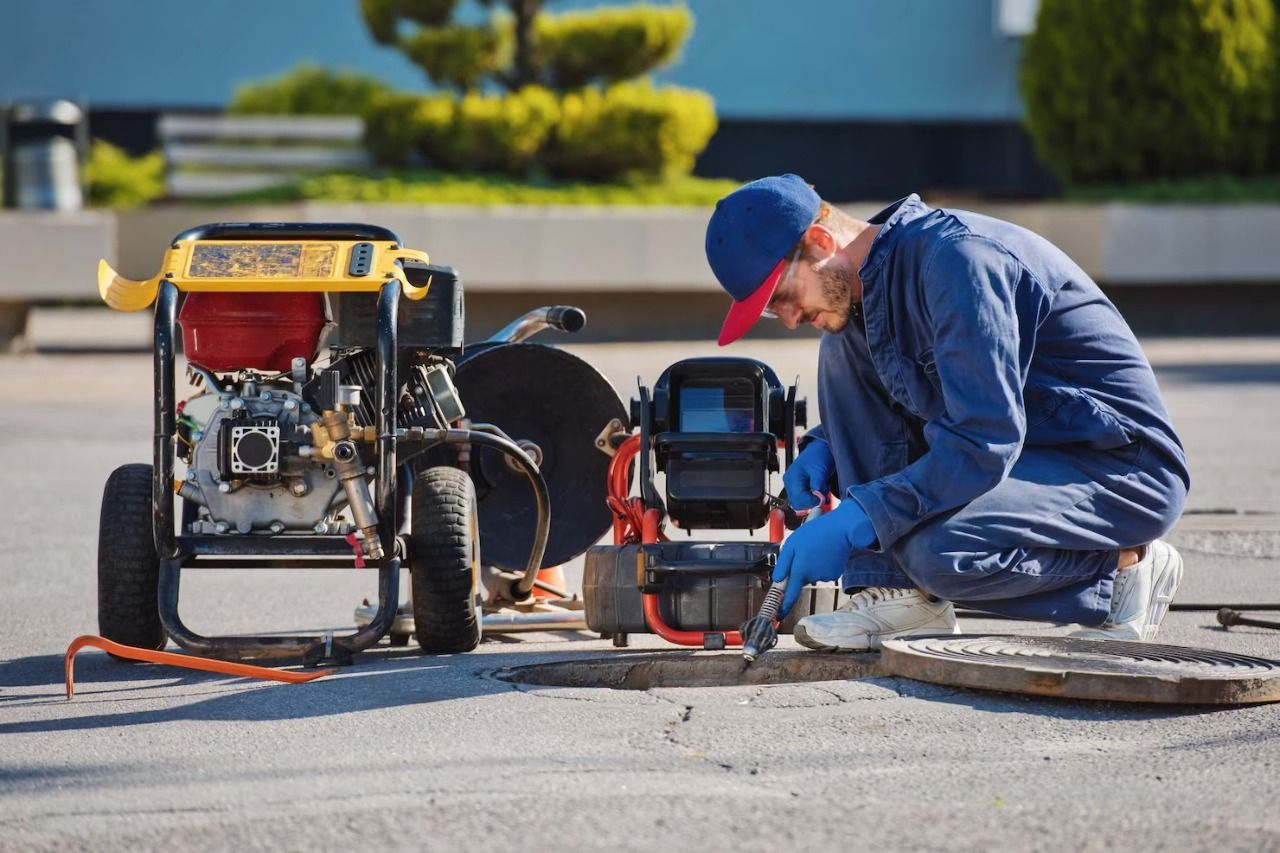 Worker in blue coveralls kneels beside a generator and power saw at a roadside repair site
