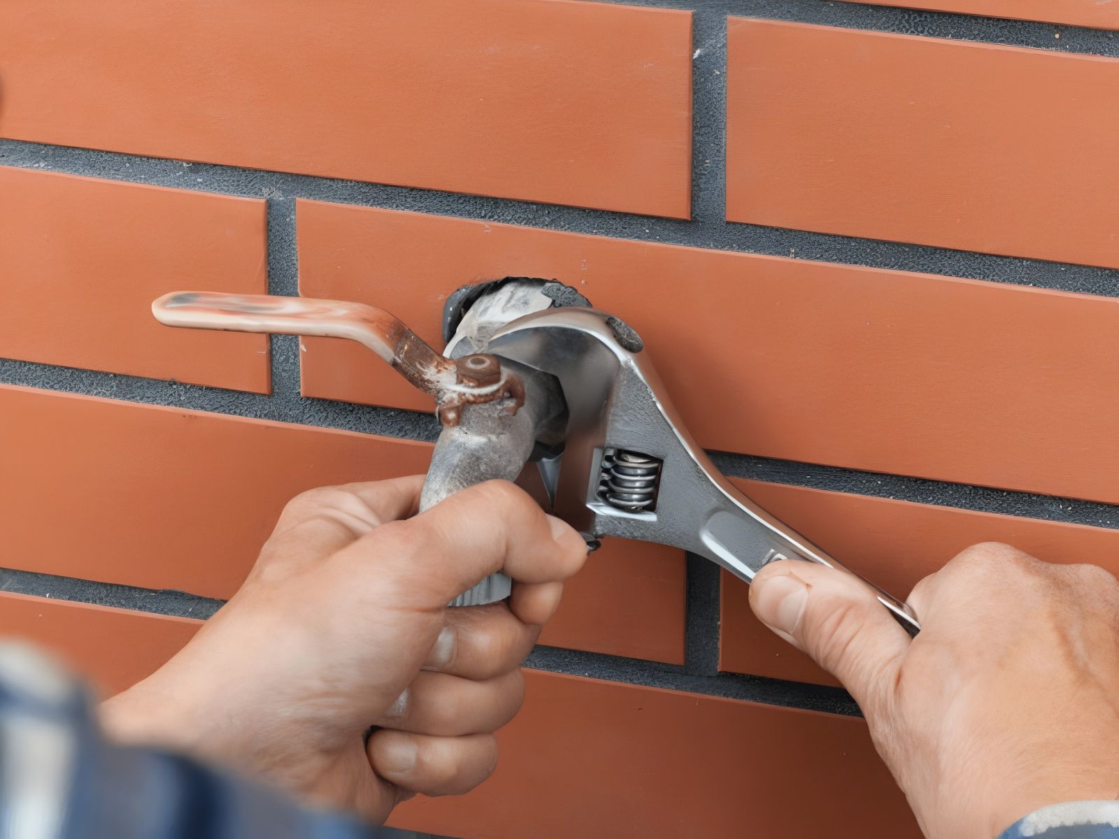 Person using a wrench to tighten an outdoor faucet against a brick wall.