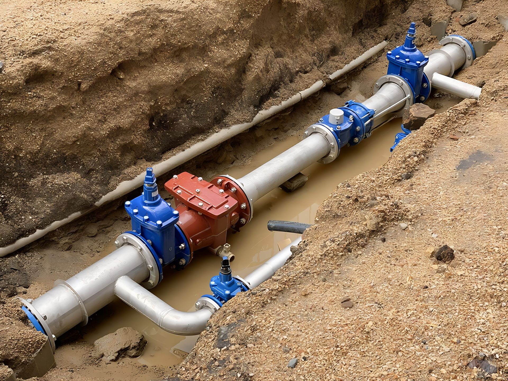 Water pipes and valves installed in a trench, surrounded by brown soil and sand.