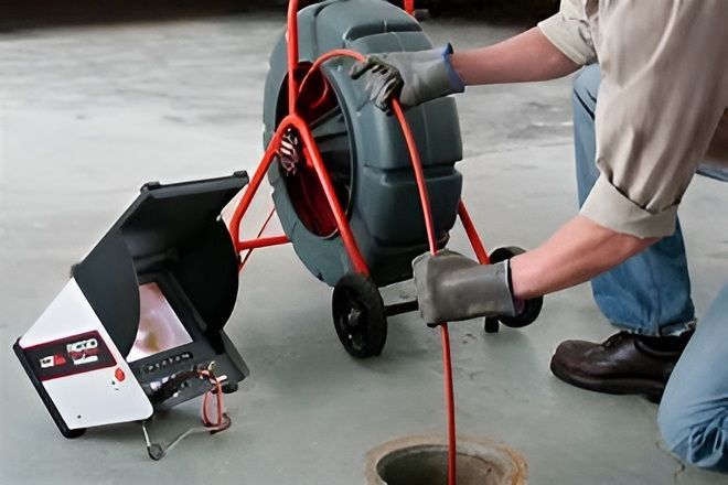 Worker using a drain auger to clear a floor drain in a gray indoor utility area