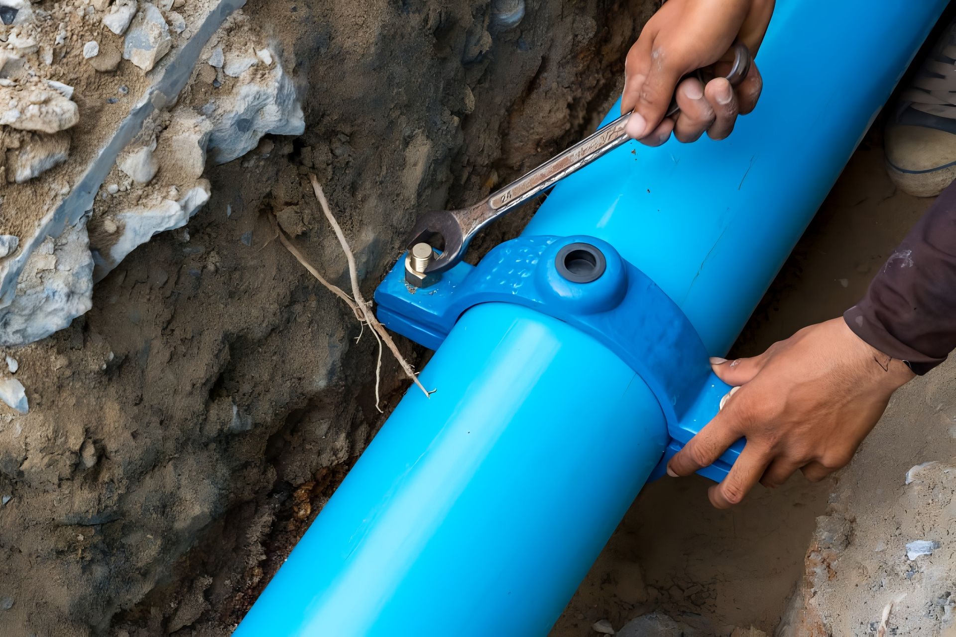 Hands using a wrench to tighten a blue underground pipe in a trench.