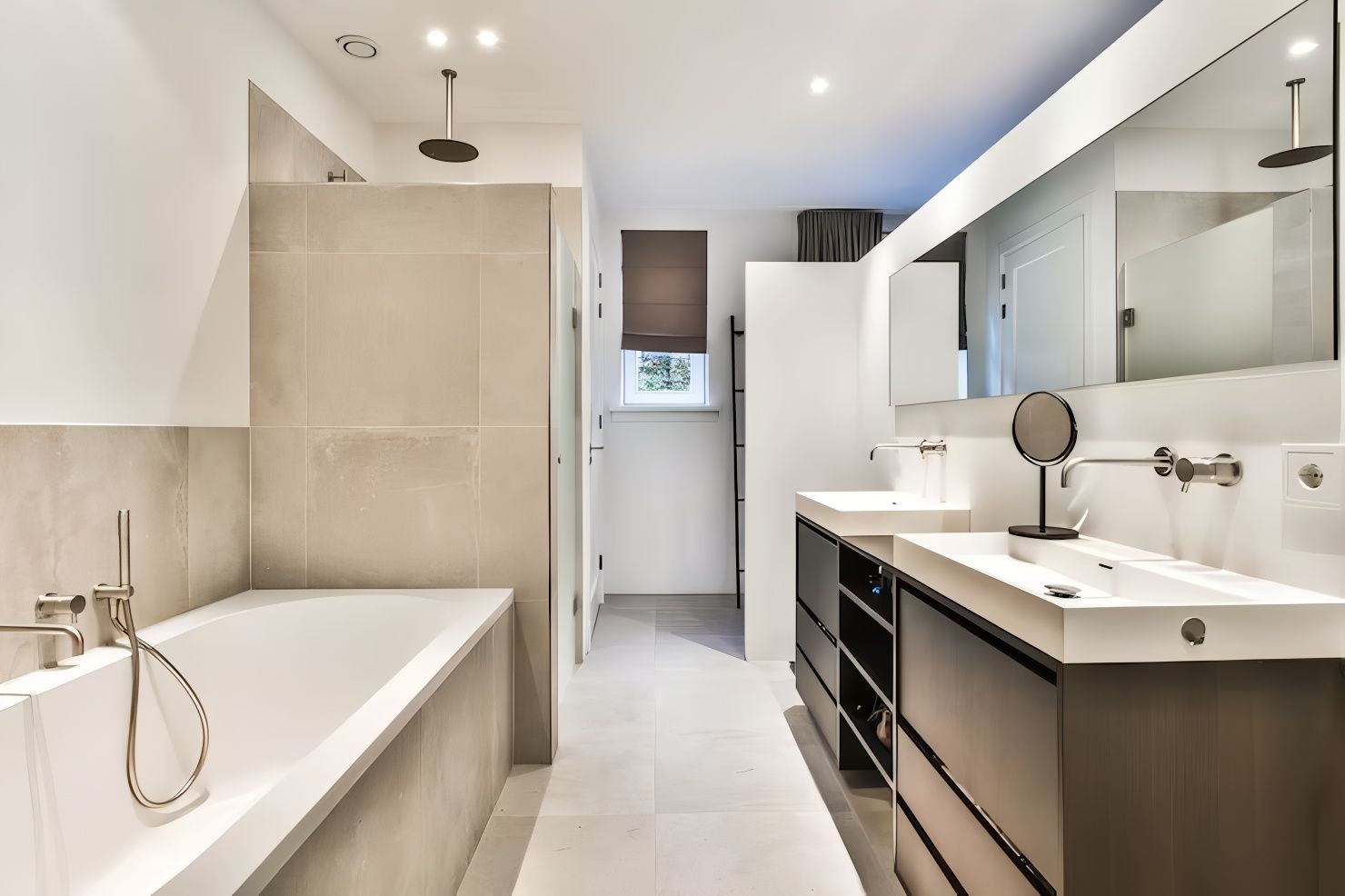 Modern bathroom with a white tub, shower area, double sink, and neutral-toned walls and floor.